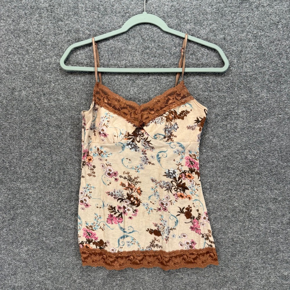 Vintage Y2K Camisole Tank Top Womens Medium Beige Floral Lace Trim 90s Cami